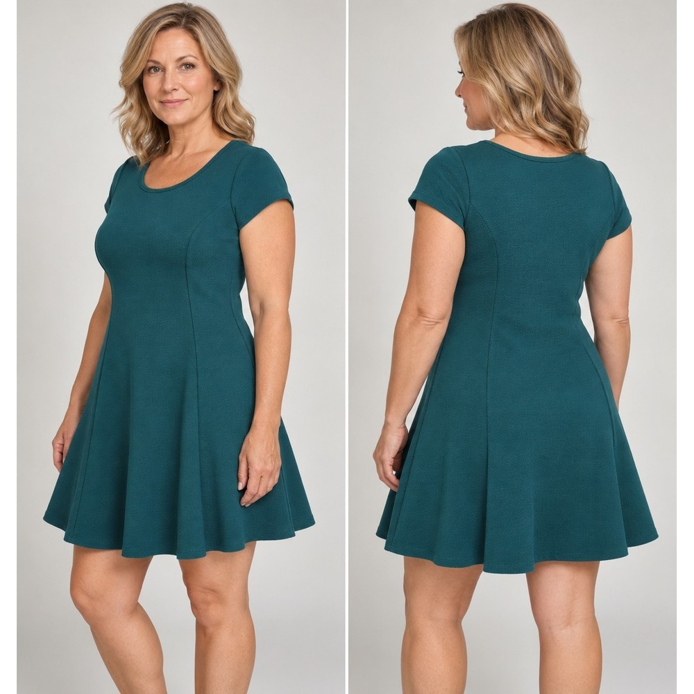 Wilde Womens Large Teal Fit Flare Dress Short Sleeve Textured Knit Casual Career
